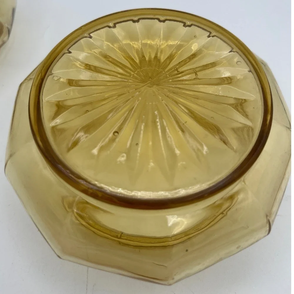 Art Deco Amber Glass Vanity Jar Set with Green Celluloid Lids